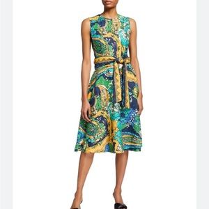 Kobi Halperin Sophie Dress Linen Sleeveless Midi Length Tie Belt Green Small